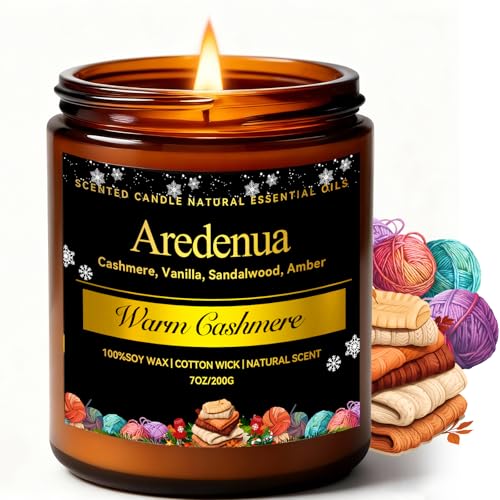 Winter Candles - Warm Cashmere Candle | Warm & Cozy Holiday Scented Candles - 7oz Jar Soy Candle for Winter Home, Holiday & Christmas Gifts for Women Men Warm Cashmeres Brown-7oz