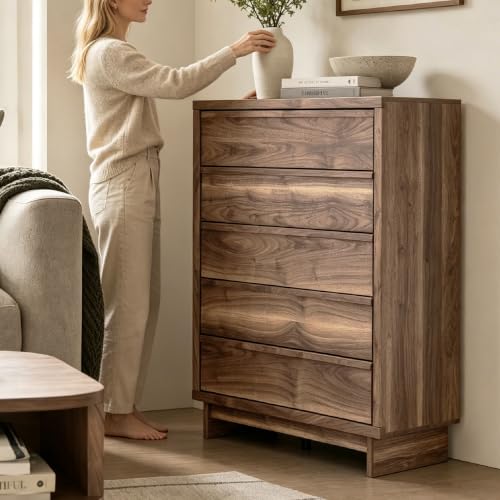 Image of Signature Design by Ashley Darcalli Casual 5-Drawer Wide Chest with Easy Glide and Safety Stop for Bedroom, Light Brown