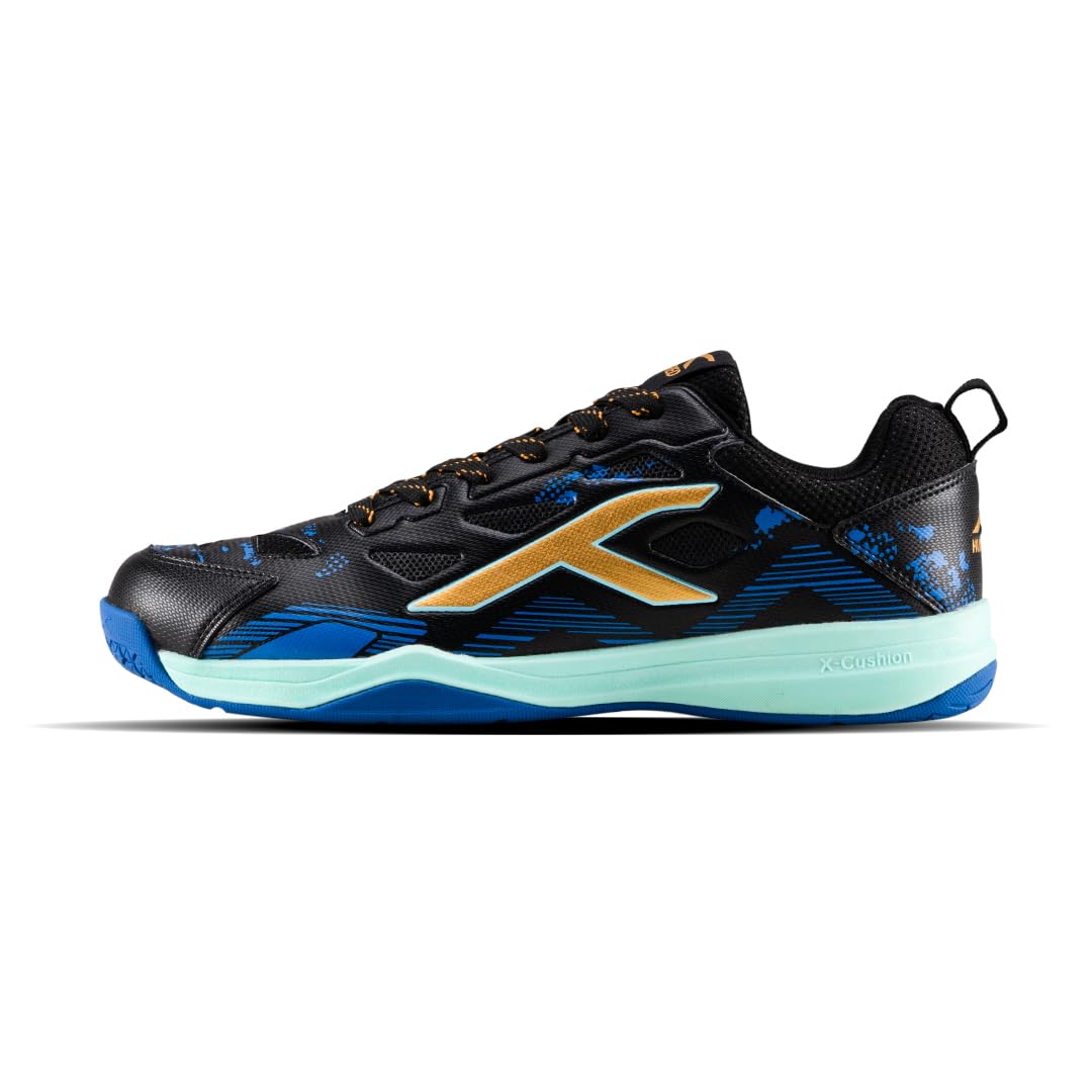 Hundred Blade Armor Badminton Shoes (Non Marking) |Indoor Sports | Lightweight & Breathable | Airflow Mesh Upper | X-Cushion Midsole | Active Grip Outsole | Heel Support (Black/Gold/Blue; 11 UK)-image-36