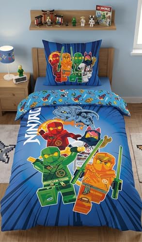Halantex Lego Ninjago Parure de Lit Enfant Réversible - Housse de Couette 140x200 cm + Taie d'oreiller 65x65 cm - 100% Polyester Haute Qualité - Certifié...