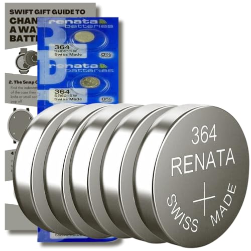 SR621SW Watch Batteries - 5 x Renata 364 Swiss Made Equivalent to SR621SW Replacement Cell Button Battery Pack for Watches with Fitting Guide