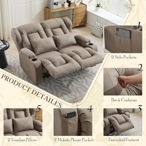 Image of SAMERY 54.3 inch Loveseat Recliner Sofa | Double Recliner Sofa | Wall Hugger Loveseat Reclining RV Theater Seats | RV Couch Home Theater Seating Furniture with Cup Holders, Pockets (Fabric Khaki)