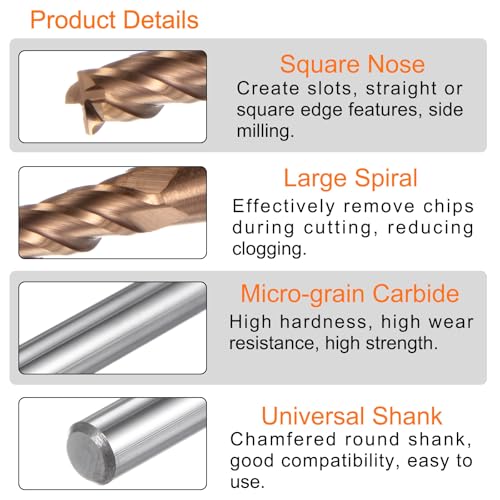 Image of HARFINGTON 2pcs Carbide Square End Mills 3mm (1 /8 inch) Dia 4mm (5 /32 inch) Shank 75mm (3 inch) Extra Long HRC55 TiSiN Coated Micro-Grain Tungsten Carbide 4 Flutes Milling Bit Cutter