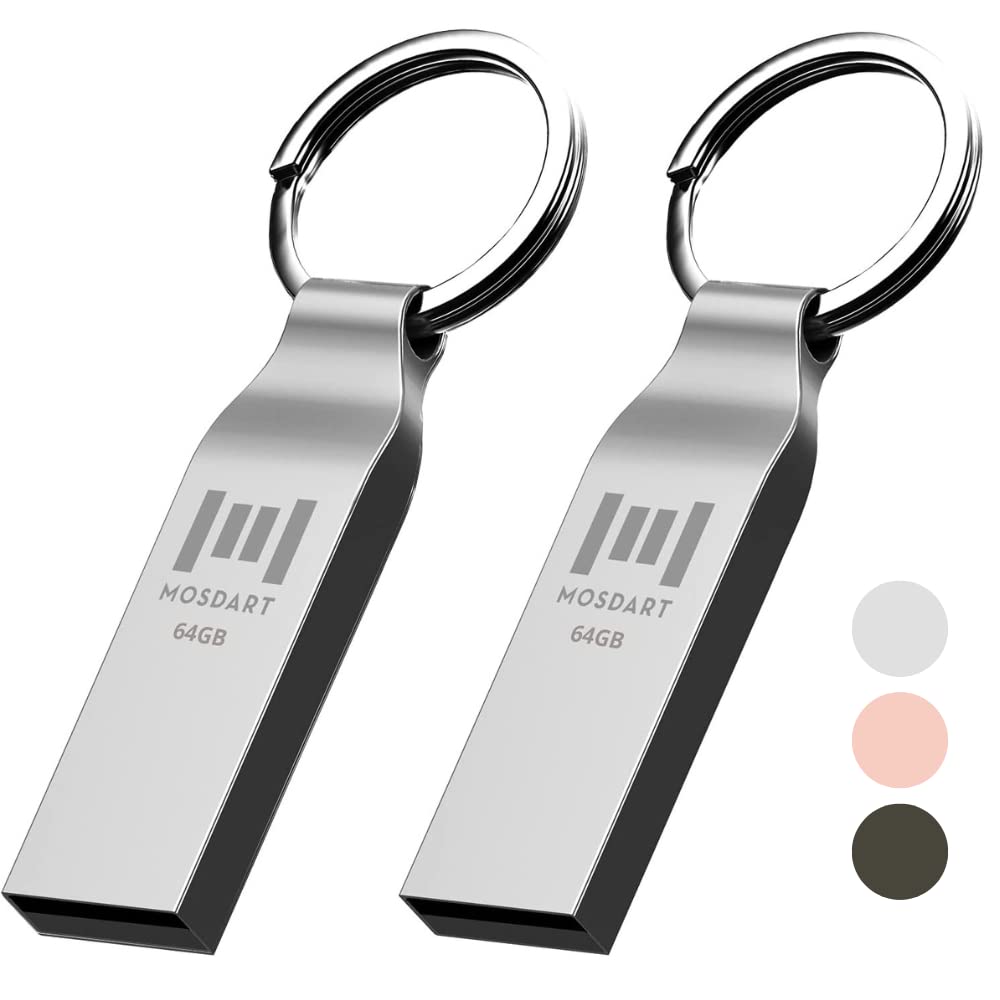 MOSDART 2Pack 64GB USB 2.0 Flash Drive exFAT Metal Thumb Drive with Keychain 64 GB Waterproof Jump Drive 64G Memory Stick for Storage and Backup, Silver