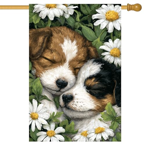BlissYard Spring Summer House Flag 28x40Inch Puppy and Daisy Decor