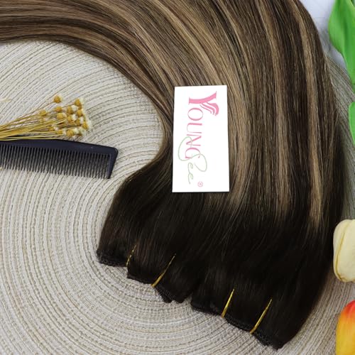 Image of YoungSee 135G Balayage Wire Hair Extensions Real Human Hair, Chocolate Brown Balayage Caramel Blonde, Wire Hair Extensions Brown, 22Inch Long Straight Remy Hair Fish Line Extension