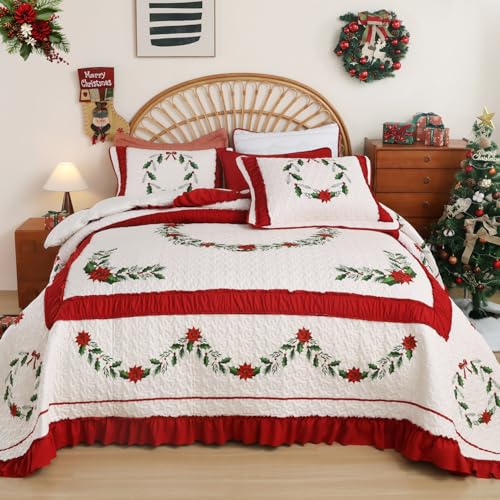 EVENHUG Queen Size Quilt Christmas Theme Bedding Sets with Pillow