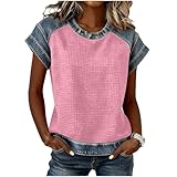 Denim Patchwork Shirt Women Casual Waffle Top Short Sleeve Crewneck Shirt Vintage Jean Shirts Color Block Tops