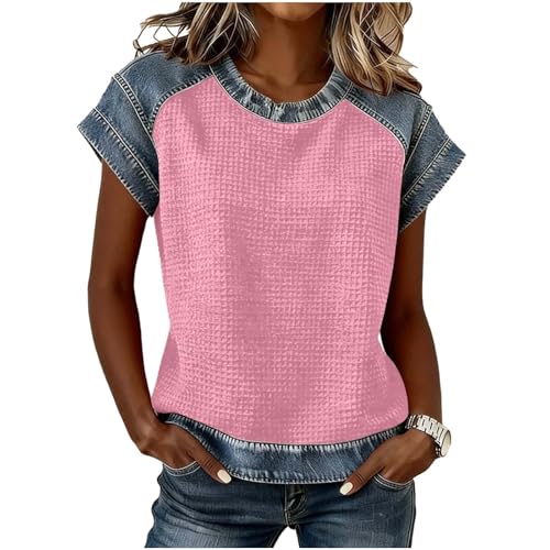 Denim Patchwork Shirt Women Casual Waffle Top Short Sleeve Crewneck Shirt Vintage Jean Shirts Color Block Tops