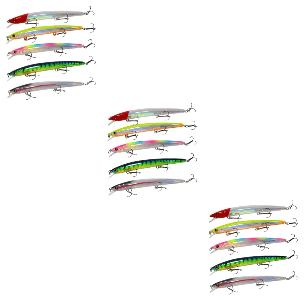 Mipcase 15pezzi Esche Galleggianti da Pesca Esche Artificiali Colorate con Testa Nera e Striscia Rossa Dorso Giallo Motivo Verde e Rosso per Appassionati di Pesca
