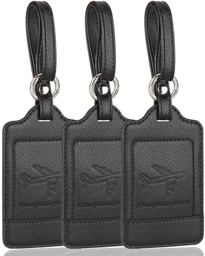 Teskyer 3 Stück Kofferanhänger mit Adressschild, PU Leder Kofferanhänger für Flugreisen, Schutz der Privatsphäre, Schnelle Identifikation, Schwarz