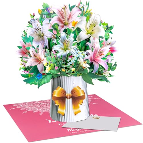Lilies Pop-Up Card | 3D Floral Bouquet with White, Pink, and Orange Lilies | for Mother’s Day, Birthdays, Anniversaries | Elegant Greeting Card with Paper White Vase and Bow Design