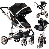 Reenborn Kinderwagen 3 in 1, Buggy mit Zwei Umkehrbaren Schiebemodi, Aluminiumlegierung, Ein-Klick-Faltdesign, Hohe Landschaft (739 Black Gold)