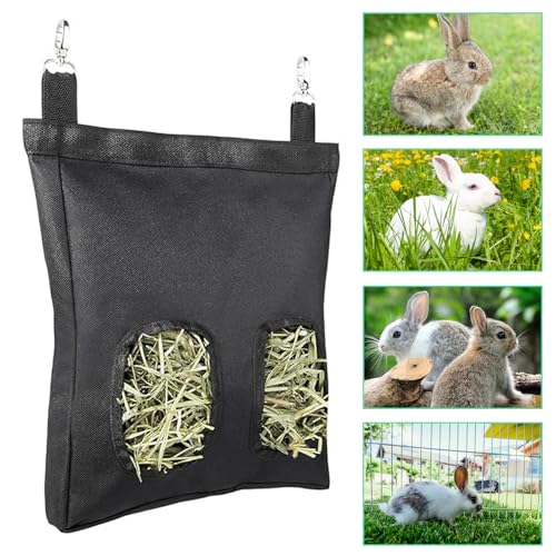 Rabbit Hay Feeder, Large Capacity Guinea Pig Hay Feeder, 2 Holes Easy Cleanse and Fold Hay Feeder Rabbit for Small Animals, 600D Oxford Cloth Hanging Hook Pets Hay Bag(Black)