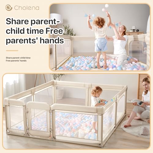Image of Baby Playpen for Babies and Toddlers, 59 x 79in Large Playpen with Double Door, Full Steel Frame & Oxford Fabric, 0-24 Months Safe Play Area for Infant and New Parents(Khaki)