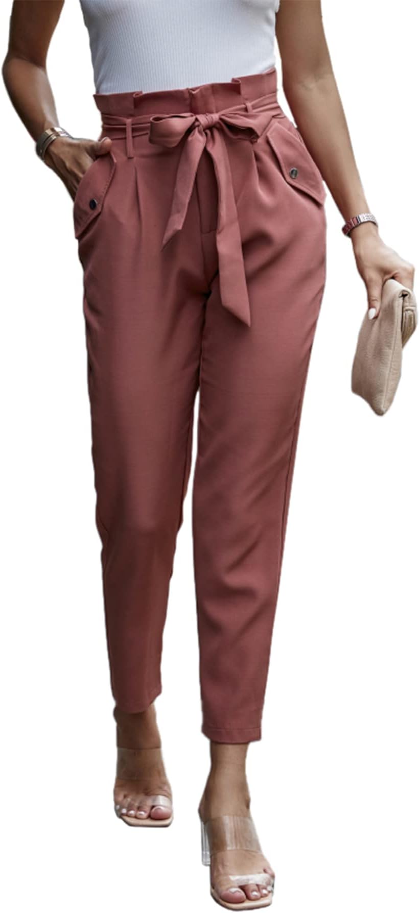 PRETTYGARDEN Women's Casual Long Pants High Waist Belted Paper Bag Work Pant Trousers with Pockets