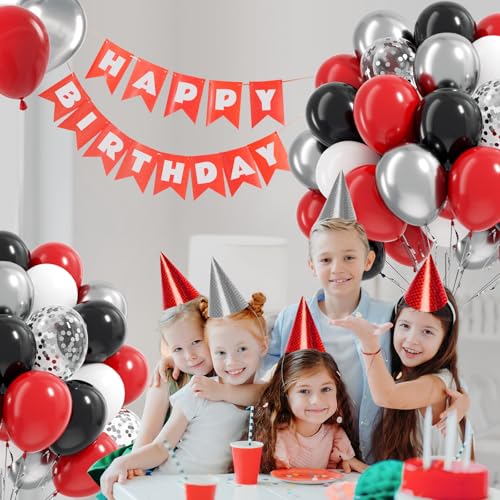 Image of 12inch Red and Black Balloons with Red Black White Silver Balloons | Graduation, Birthday Party Decorations