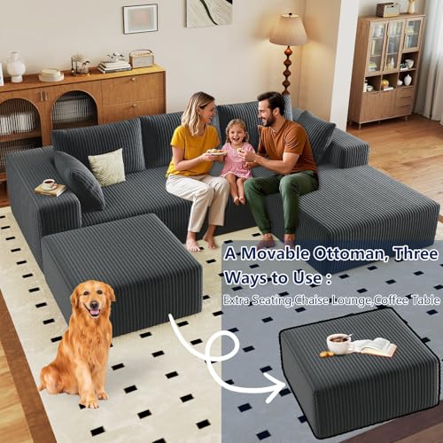 Image of 96 inch Modular Sectional Sofa with Ottoman, Modern Corduroy Cloud Couch with Deep Seat, Boneless Couch Upholstered 3-Seater U-Shaped Sofa for Living Room, No Assembly (Grey, Right-Facing Chaise)
