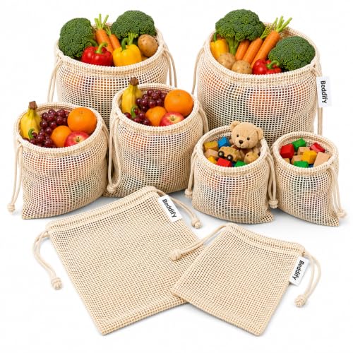 Image of Beddify 100% Cotton Set of 6 Reusable Fridge Storage Bags for Vegetables Fruits Garland and Toys Cotton Net Bags Eco-Friendly Dual Support Pull String Pouch