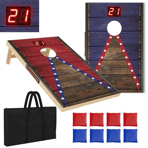 Image of Electronic Cornhole Board Set 4x2ft 3x2ft 2x1ft, Automatic Scoring Corn Hole Games for Adults & Kids, Wooden Portable Cornhole Set with 8 Bean Bags & Carrying Bag for Outdoor, Tailgate, Party