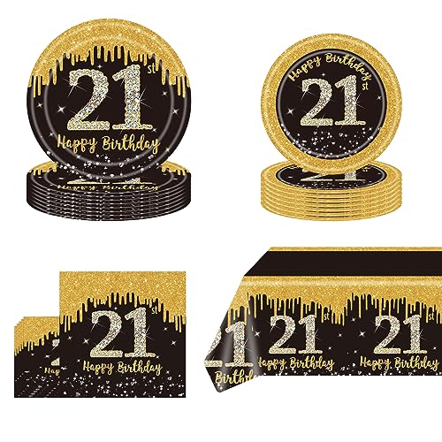 POPOYU 53Pcs Black Gold 21st B'day Party Tableware 16 Guests,21st Black Gold Party Paper Plates Tablecloth Paper Cups & Napkins Tableware Set Men Women B'day Gifts Party Supplies Table Decoration
