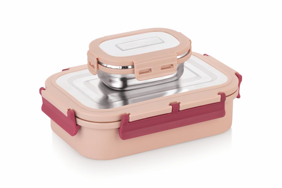 WARMEO Delight Insulated Stainless Steel Airtight Leak-Proof Lunch Box with Clip Lock Lid,Light Weight, Easy to Clean, Perfect for Office, School, Picnic & Travelling, Combo(800ml+150ml), Cream & RED