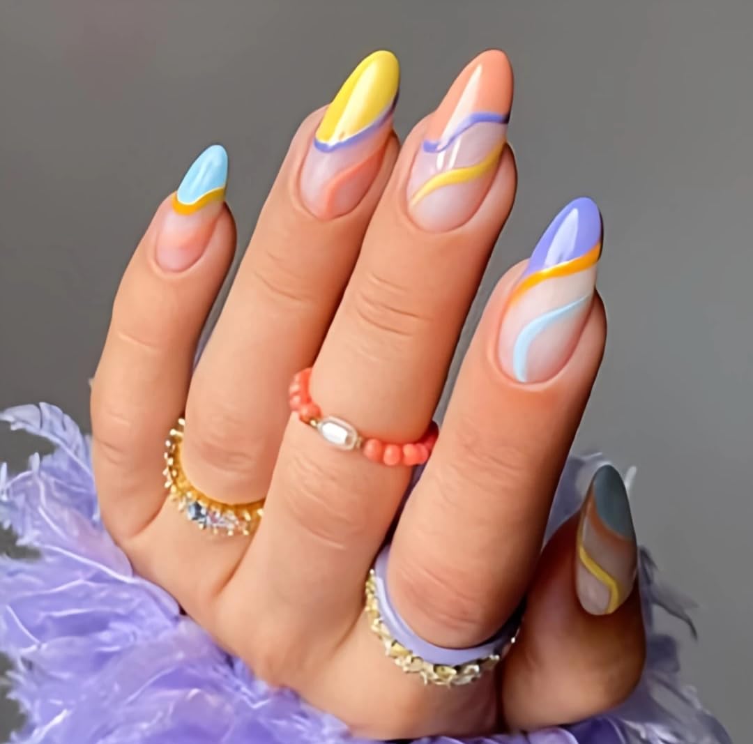 Artificial Nails: Glossy Multicolor Swrils/Shape Long Stiletto (Set of 20 with nail glue, nail file, cuticle pusher, cleaning wipe)-picture-52
