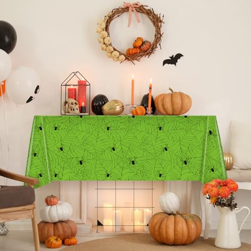 Image of TREWAVE 3 Pack Halloween Spiderweb Tablecloth Rectangular Plastic Spider Web Table Cloth Large Size Table Covers for Home Decor Halloween Party Decorations 54 inch x 108 inch (Green)