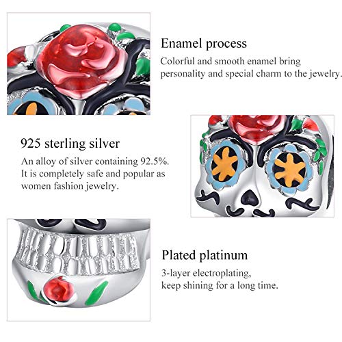 Halloween Ghost Charm Skull Bead 925 Sterling Silver for Pandora Style Bracelet,for Halloween (Colorful Skull Charm)3