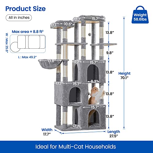 Image of MWPO Extra Large Cat Tree - 70.1-Inch Tall Cat Tower with 3 Cat Condos, Multi-Level Cat Stand for Large Cats Featuring Scratching Posts, Padded Perches, Hammock, Dangling Toys, Light Grey