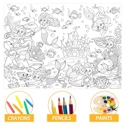 Image of Tevxj Mermaid Coloring Poster for Kids Giant Coloring Poster Summer Party Decoration Games Coloring Tablecloth Books Huge Large Pages Sheets Paper Roll for Craft Activity Classroom Supplies