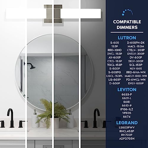 Image of LUXRITE LED Bathroom Vanity Light Fixtures Square 24 Inch Brushed Nickel 5 CCT 2700K-5000K Selectable Over Mirror Vanity Lights Modern Wall Light Bar 24W 1500 Lumens CRI 90 Dimmable Damp Rated ETL