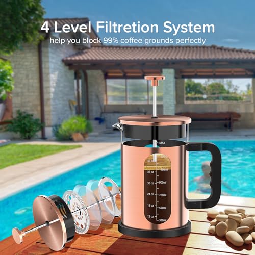 QUQIYSO French Press Coffee Maker 51oz 304 Stainless Steel French Press with 4 Filter, Borosilicate Glass Coffee Press