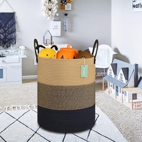 Image of Large Cotton Rope Laundry Hamper for Clothes 65L, Brown & Black | 16 inchx 20 inch, Tall Woven Storage Basket for Nursery, Bedroom & Living Room; Stores Clothes, Blankets, Pillows, Toys & Towels