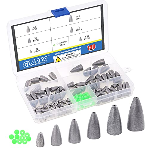 Glarks 140Pcs Fishing Sinkers Weights Kit, 90Pcs 2g 3.5g 5g 7g 10g 15g Worm Fishing Sinker Weight Bullet Sinkers with 50Pcs Green Luminous Fishing Bead Set