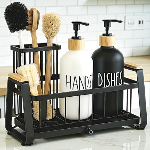 Kitchen Dish Soap Farmhouse Dispenser Set with Sink Caddy, 16OZ