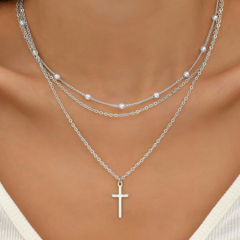 Layered Cross Necklace for Women Dainty Gold Pearl Cross Choker Necklaces Jewelry for Women - Image 6