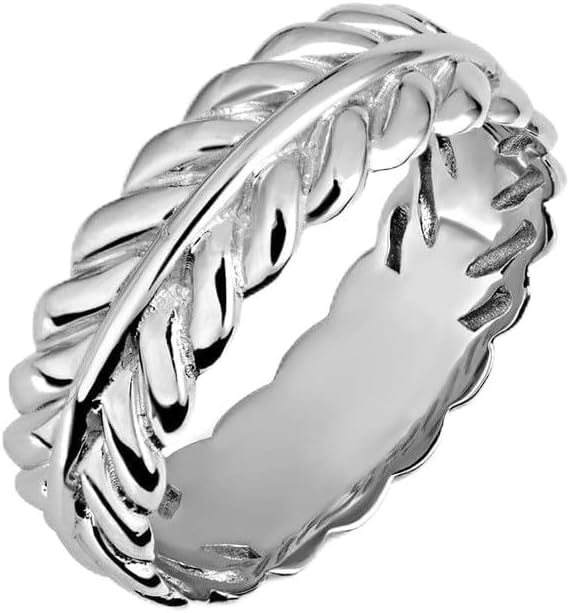 Solid 925 Sterling Silver 6.5mm Wide Olive Leaf Laurel Wreath Wedding Band Promise Eternity Ring for Women Men, Available in Sizes 5-16