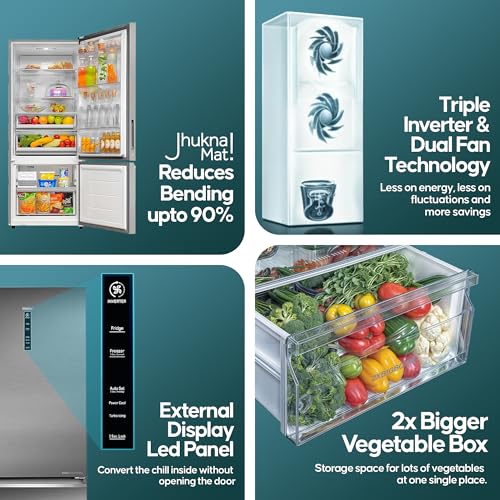 Image of Haier 445 L, 2 Star, Convertible 14-in-1 Triple Inverter & Fan Motor Technology, with Display Frost Free, Bottom Mounted Double Door Refrigerator (HRB-4952BIS-P, Inox Steel)