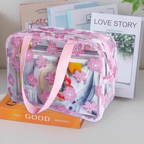 Clear Printed Floral Cosmetic Bag and Travel Pouch with Handle-Durable PVC Material,Versatile,Zipper Design for Smooth Sliding-Ideal for Makeup,Travel Essentials (Pink Floral#1-L)4