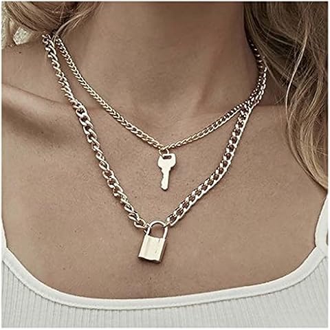 Andelaisi Boho Key Lock Necklaces Chain Padlock Pendant Necklaces Gold Lock Chain Necklace Chunky Link Chain Necklace Gold Layered Curb Chain Necklaces Jewelry for Women and Girls Cover