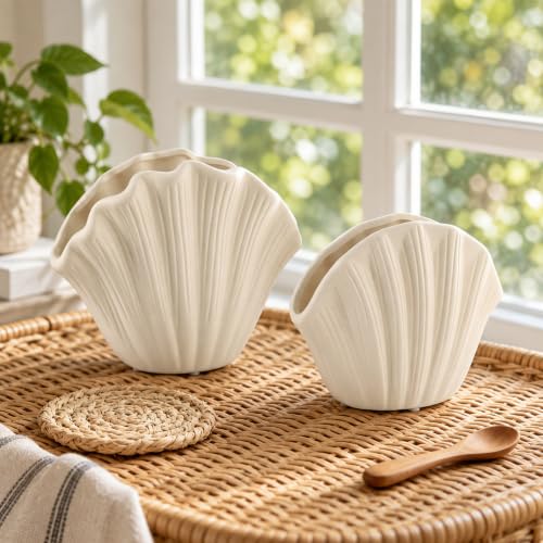 Seashell Vase Set of 2, Ceramic Shell Vases for Flowers, Coastal Home Decor