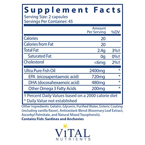 Vital Nutrients - Ultra Pure Fish Oil 700 Enteric (Pharmaceutical Grade Triglyceride Form) - Hi-Potency Wild Caught Deep Sea Fish Oil - 90 Enteric Coated Capsules Per Bottle #TOP1