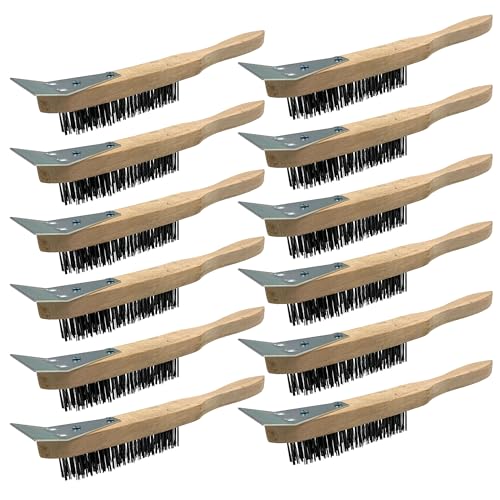 Wooden Wire Brush Set - Multipurpose Wire Brushes for Cleaning with Metal Scraper and Easy to Grip Handle − Rust Remover for Metal and Heavy Dirt Cleaning - Pack of 12
