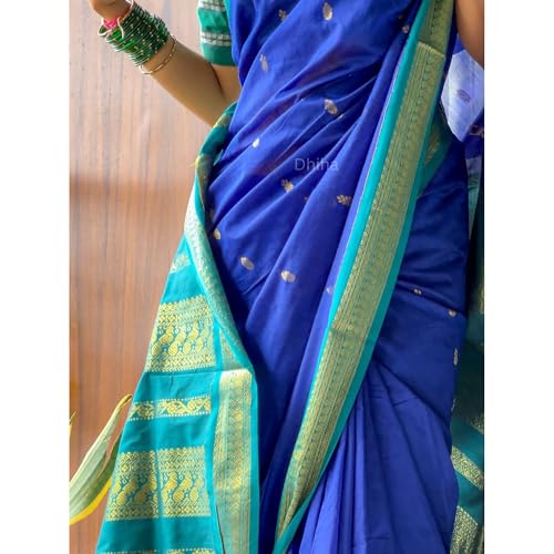 Image of DHIHA Gadwal Cotton Saree for Women | Pure Kalyani Cotton Saree with Zari Border Tassels & Blouse | Kanjivaram Linen Silk | Handloom Weave
