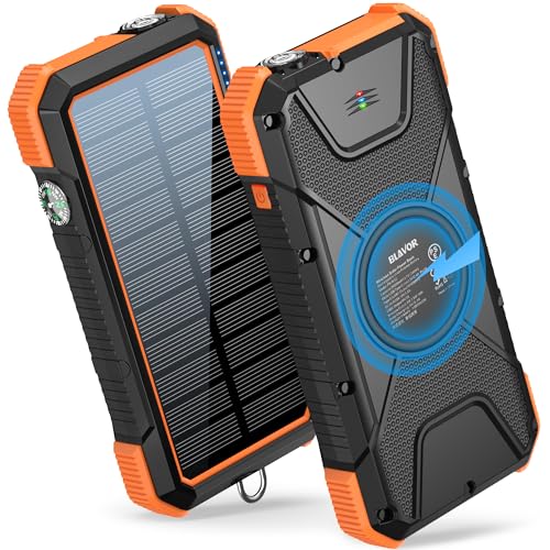 BLAVOR Solar Power Bank, 20000mAh Wireless Portable Phone Charger with USB-C in/Output, IPX5 Waterproof, Flashlight, Fast Charging Battery Pack for iPhone 17/16/15/14/13/12 and All Phones