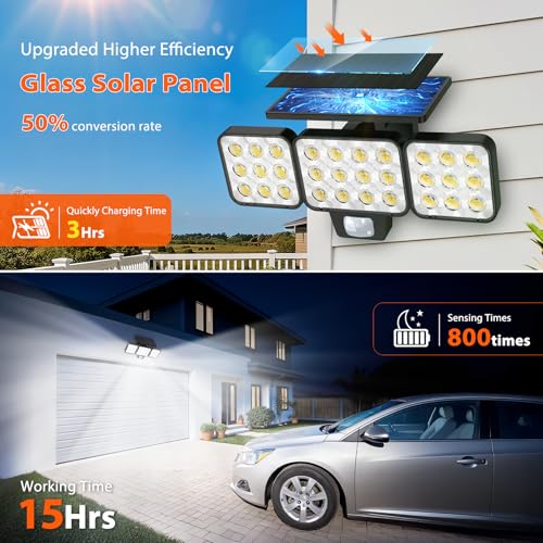 WdtPro 2025 Solar Lights Outdoor Flood Light, 3500LM Bright Motion Sensor Outdoor Lights, 3 Heads & Upgrade Glass Panel, LED Solar Powered Security Light Spotlights Waterproof for Outside Yard-2Pack - Image 4