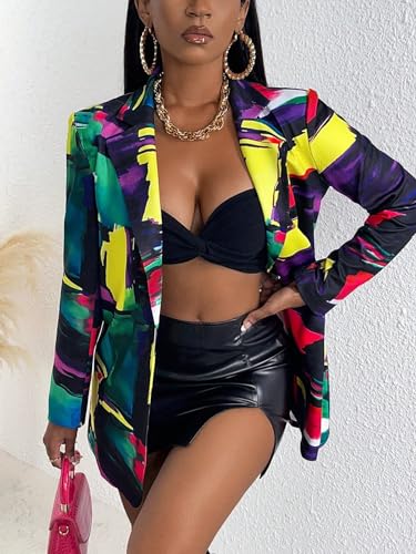 WDIRARA Women's Graphic Print Single Button Blazer Dress Long Sleeve Work Office Blazer Jacket4