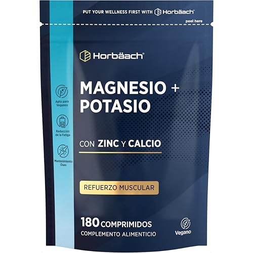 Magnesio y Potasio Comprimidos en Polvo | 6 Meses de Suministro - 180 Comprimidos Veganos | con Vitamina B12, B6, Zinc y Calcio | Minerales Esenciales de alta dosificación | Electrolitos | de Horbaach