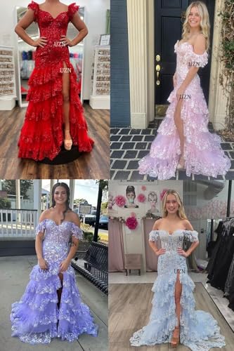 UZN Off Shoulder Tiered Tulle Prom Dresses Long Mermaid Lace with Slit Formal Evening Party Gowns3